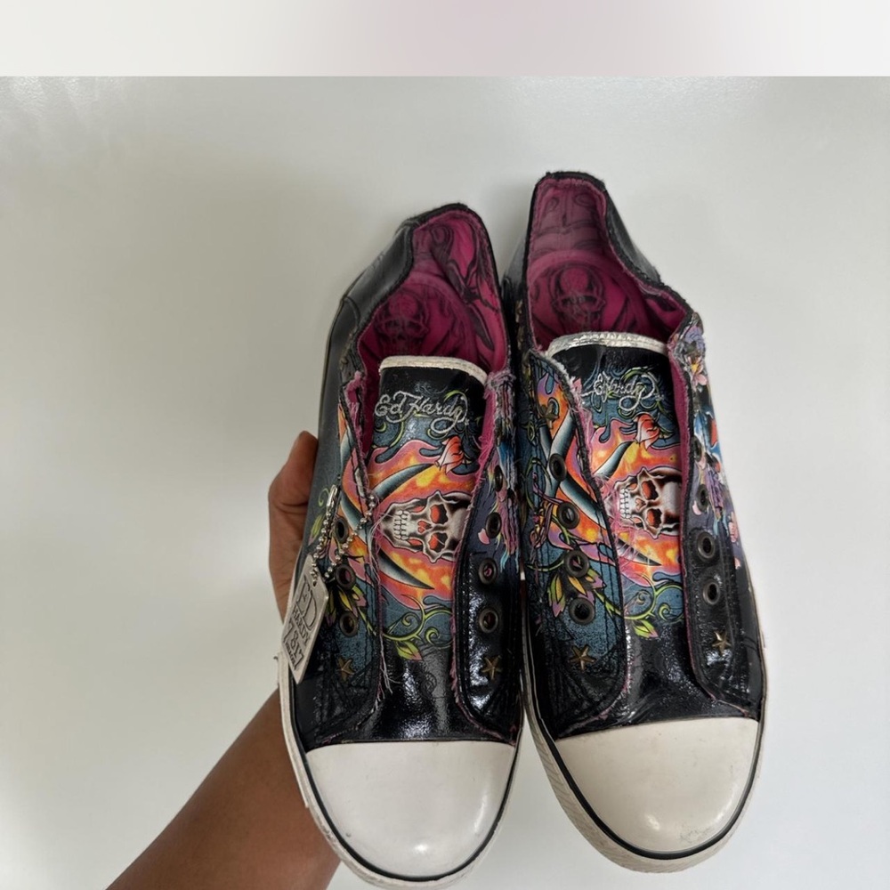 Ed Hardy Women's Black and Colorful Graphic Sneakers